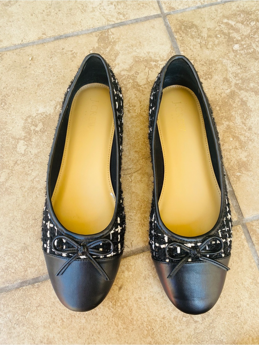 J. Crew Black Tweed & Leather Bow Ballet Flats
